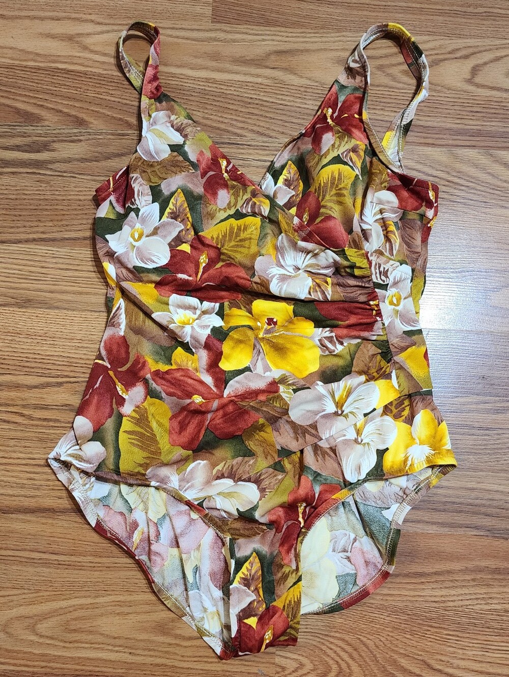 Vintage Jantzen One Piece Swimsuit Tropical Floral Ruched Draped Pinup Swimwear